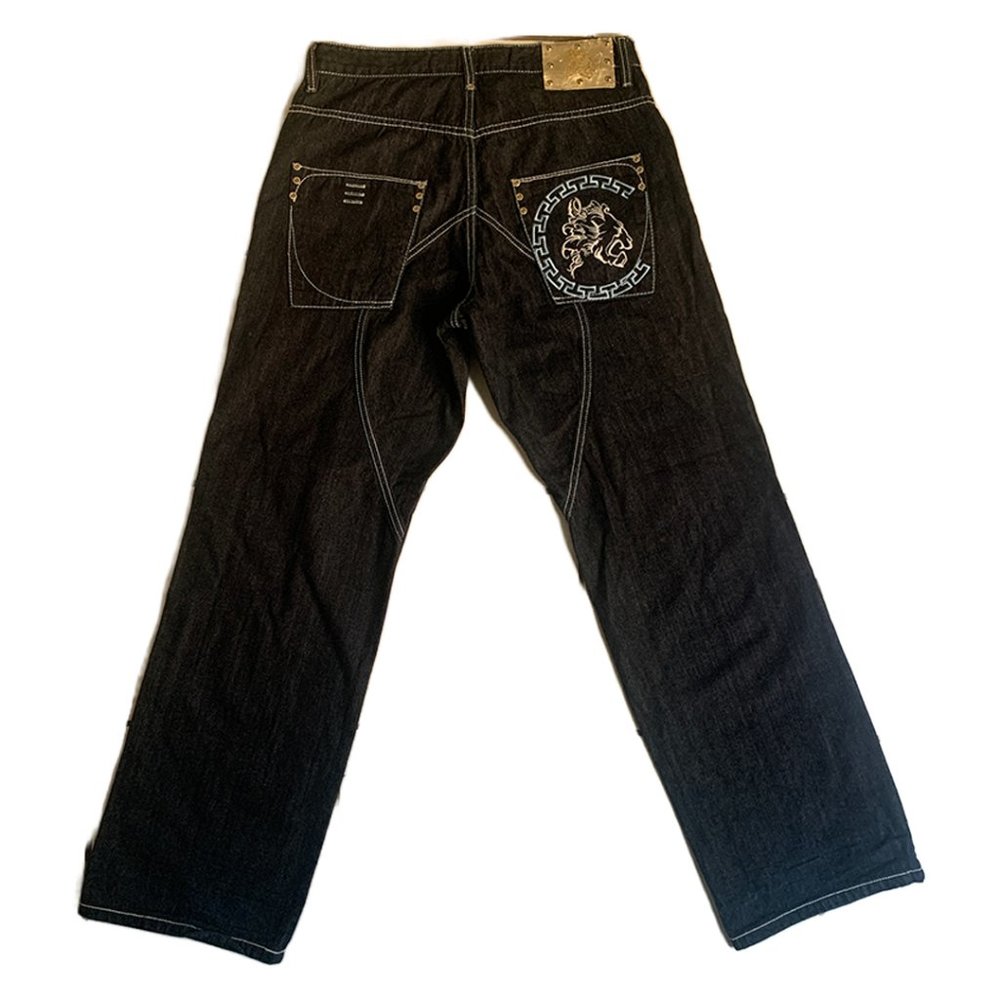 navy blue cezer jeans with exposed threading